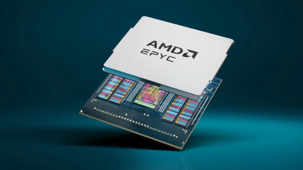 AMD EPYC 9755 Processor with blue background