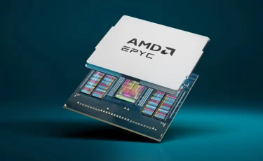 AMD EPYC 9755 Processor with blue background